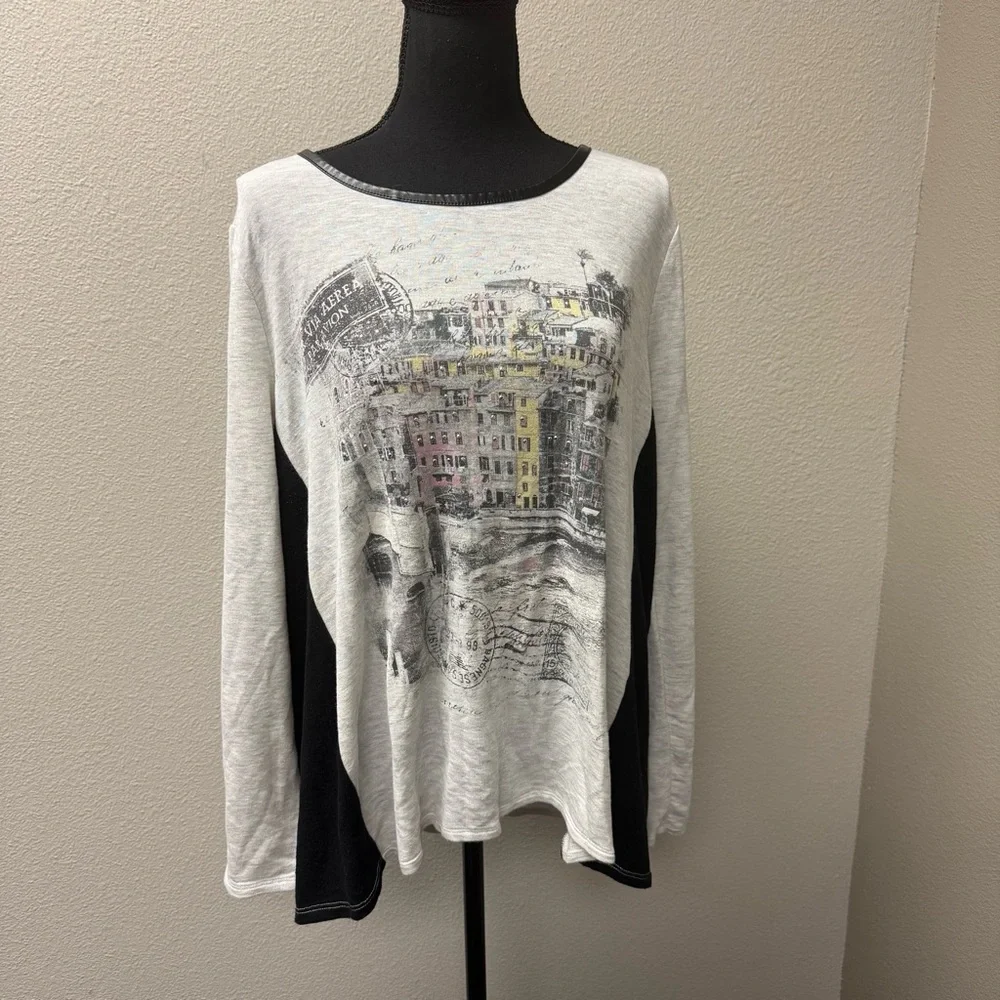 Cato Cream Black Graphic Top XL Paris City Print Rhinestone Long Sleeve - Picture 2 of 12